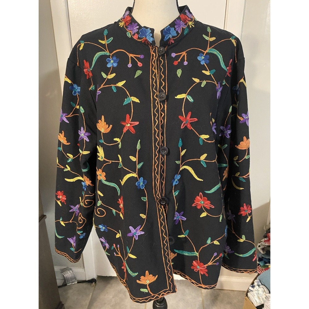 Vintage Willow Ridge Embroidered Blazer Top Boho Floral Black Size L